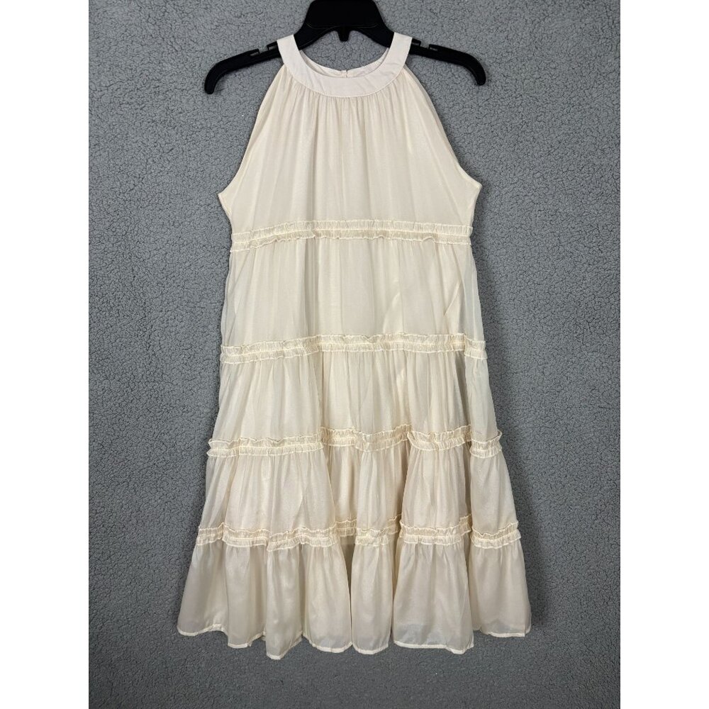 Girls Ivory Sleeveless Dress Halter Neck Off Shoulder Ruffled Hem Beige 12Y NWOT